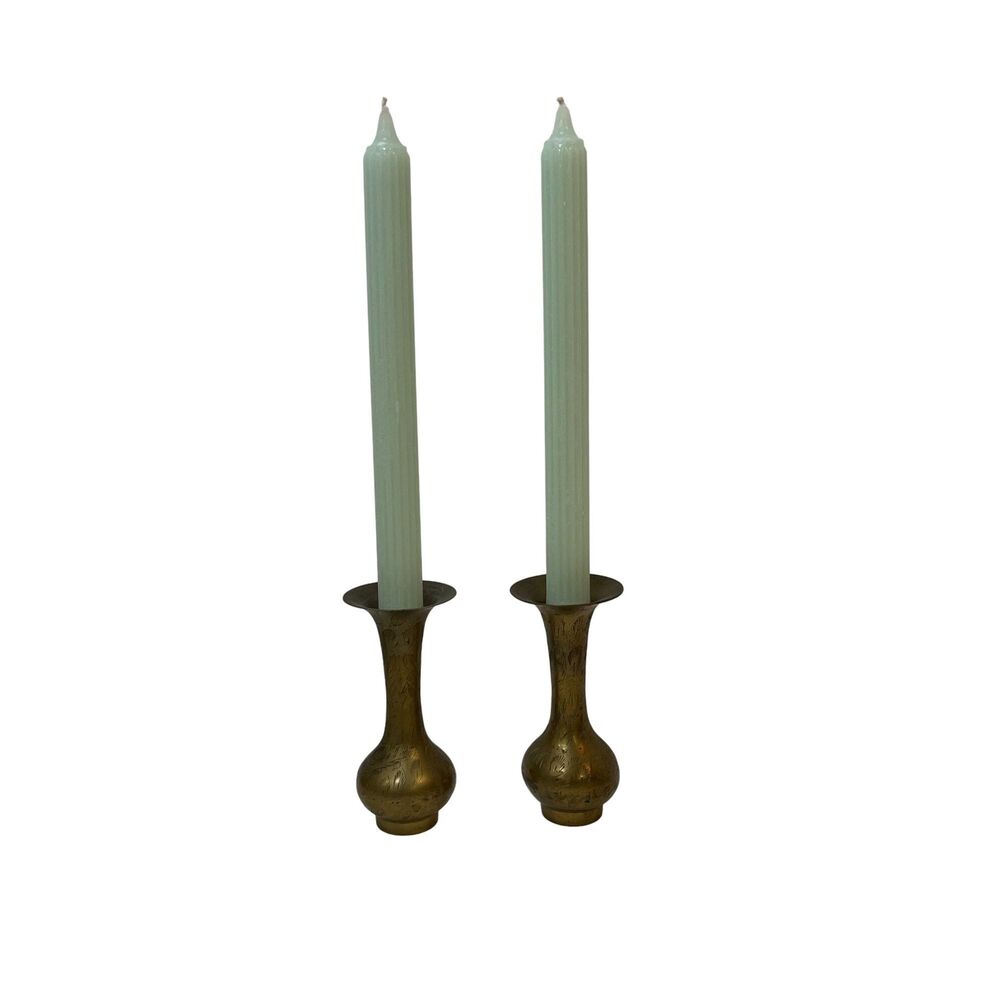 Etched Brass Candlestick Holder or Bud Vase Set of Two Solid Brass Aged Patina